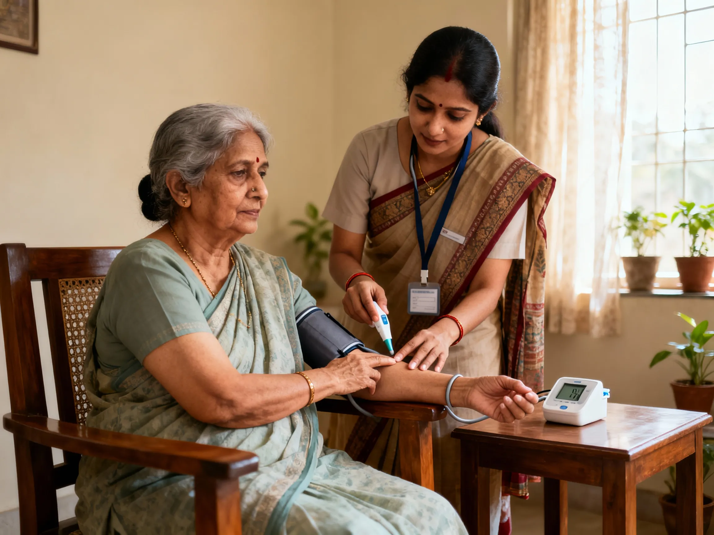 ATHOMECARE Patna caregiver checking patient vital signs at home